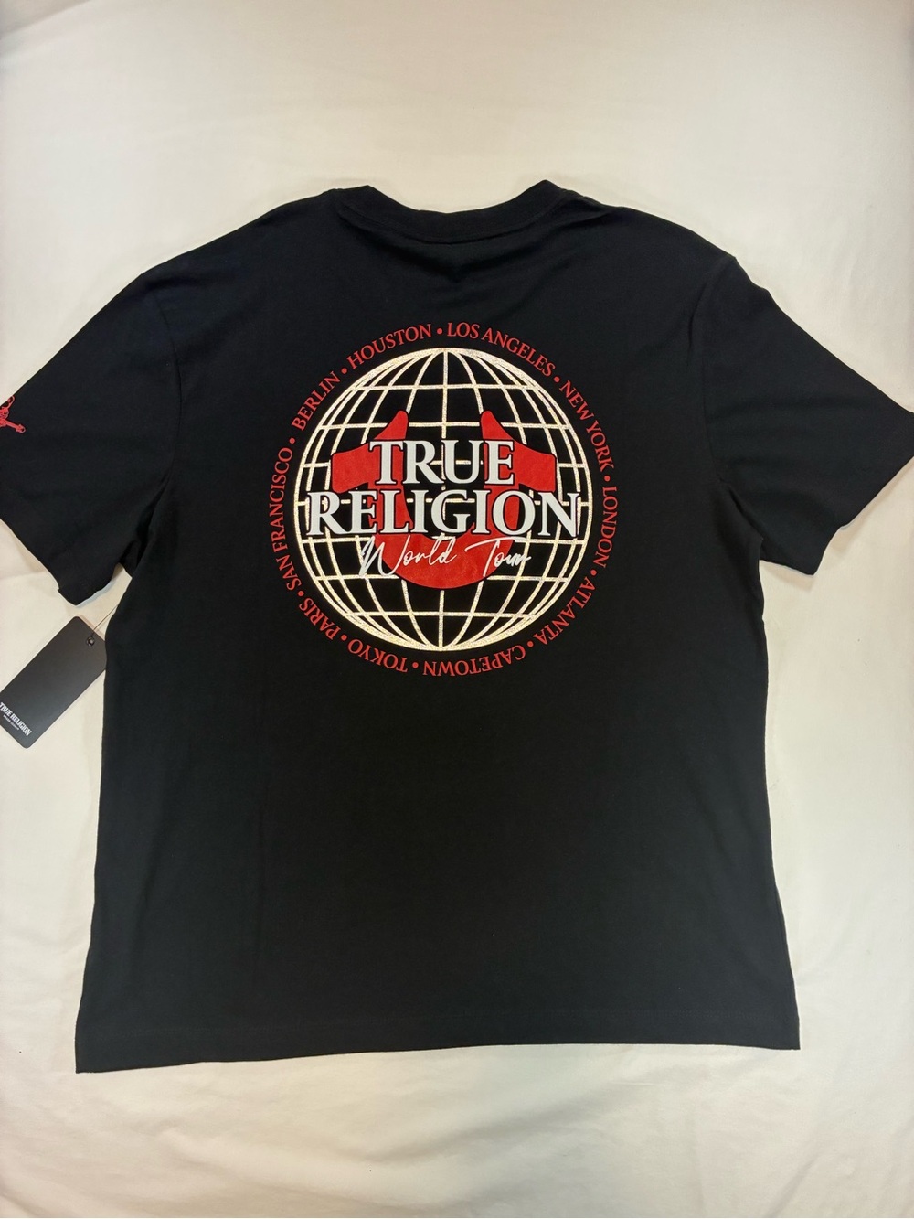 True Religion Black Tee with Red & White Globe Logo